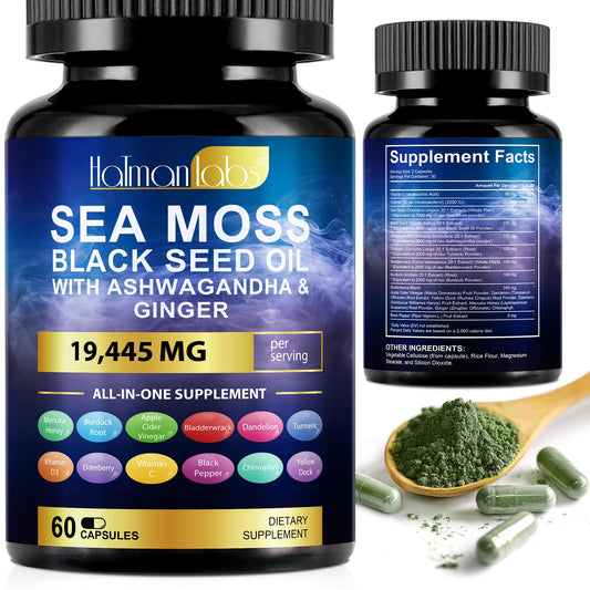 Bottle of Sea Moss Black Seed Oil Ashwagandha Capsules - 60 Count