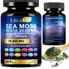 Bottle of Sea Moss Black Seed Oil Ashwagandha Capsules - 60 Count