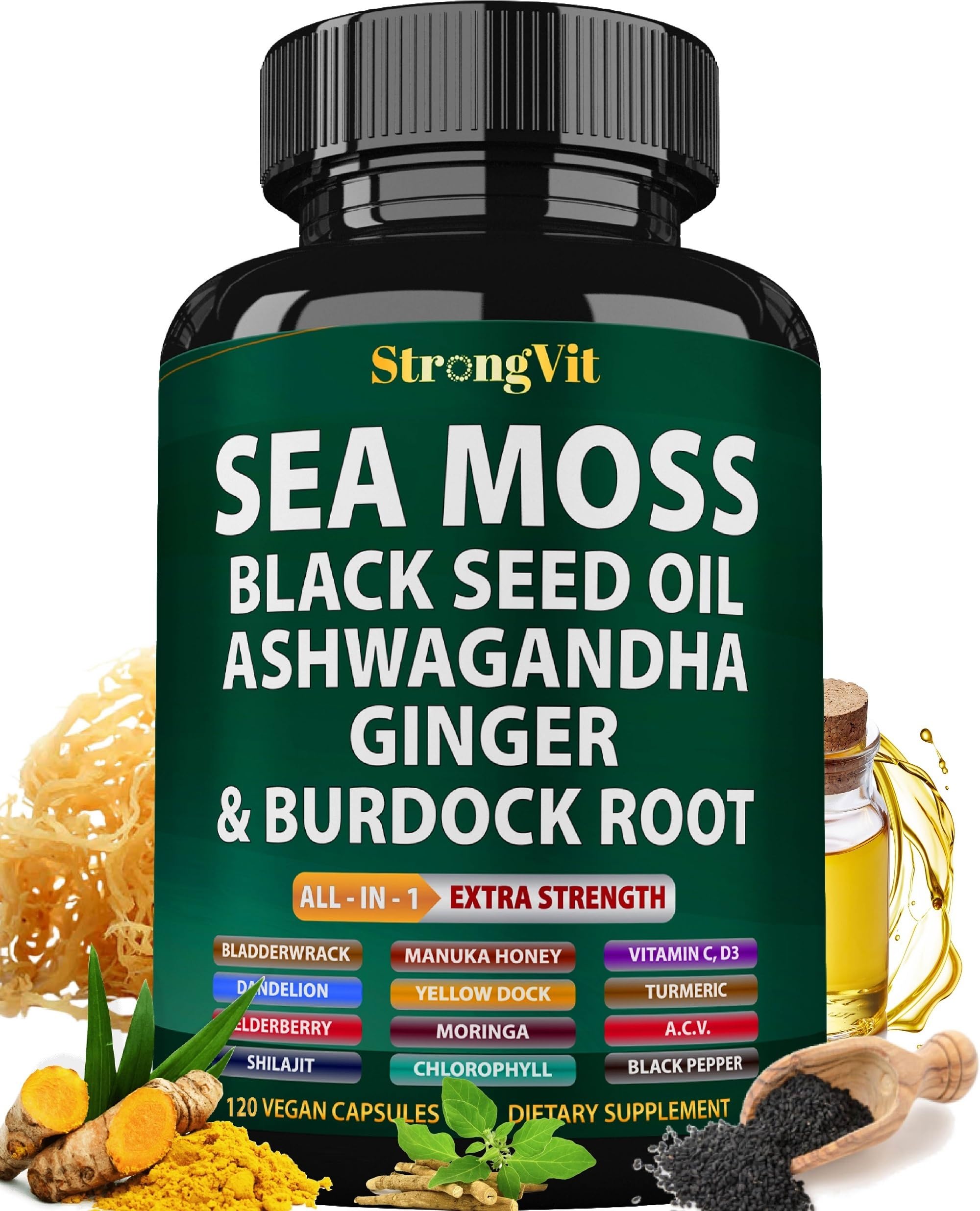 Front label of Sea Moss Black Seed Oil Ashwagandha Ginger 120 capsules bottle
