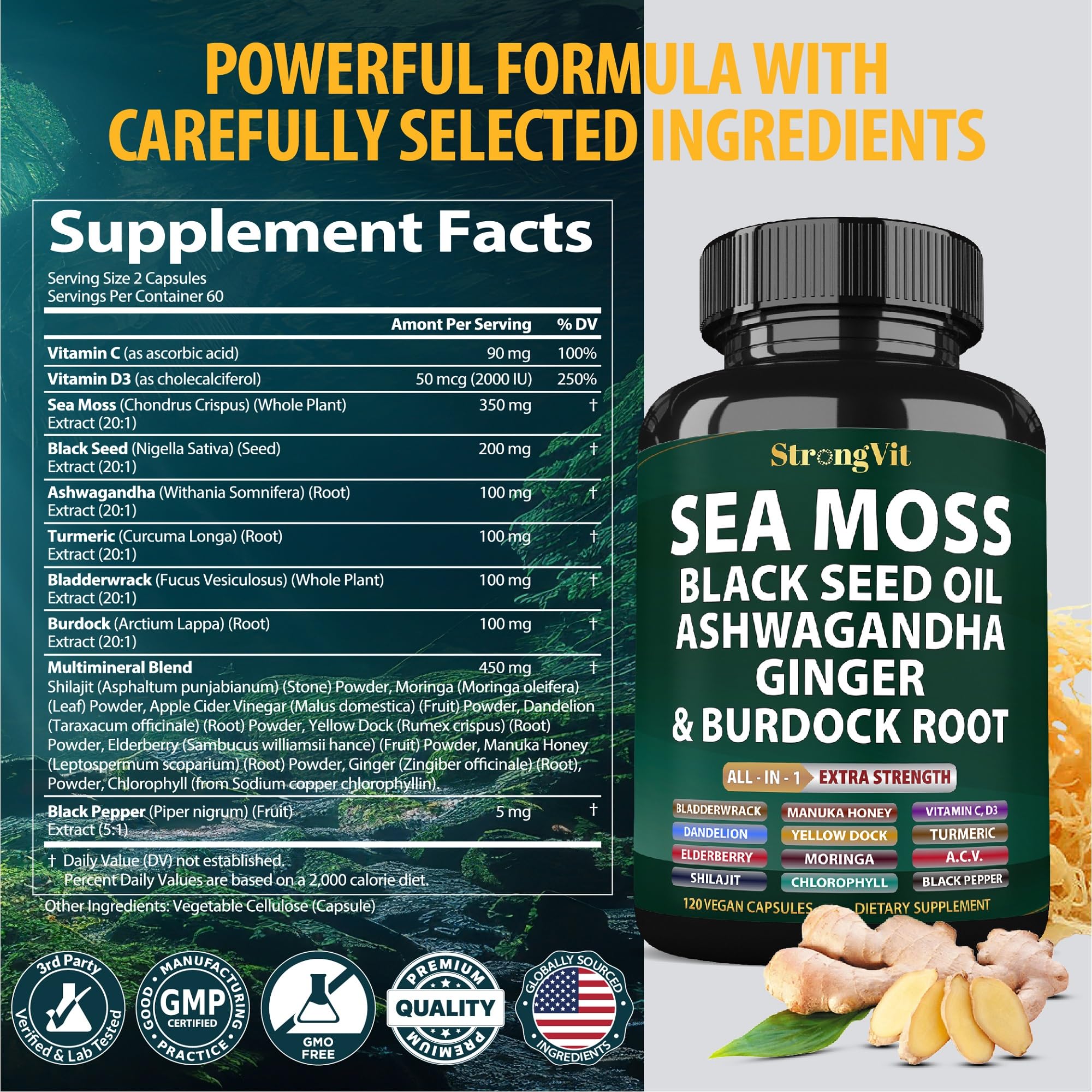 Close-up of bottle showing Sea Moss Black Seed Oil Ashwagandha Ginger 120 capsules