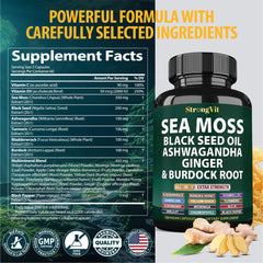 Close-up of bottle showing Sea Moss Black Seed Oil Ashwagandha Ginger 120 capsules