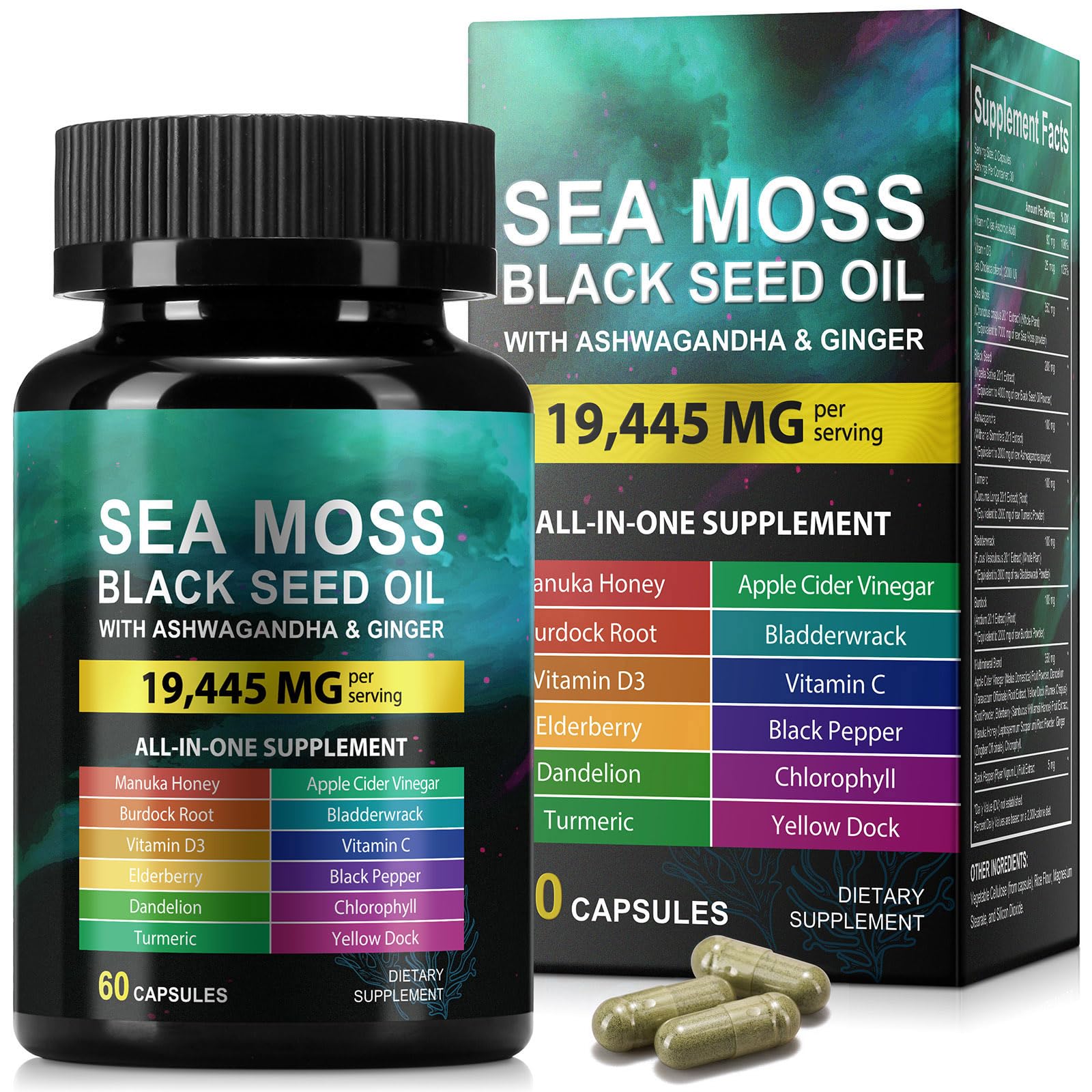 Sea Moss Black Seed Oil Capsule bottle with Ashwagandha and Ginger