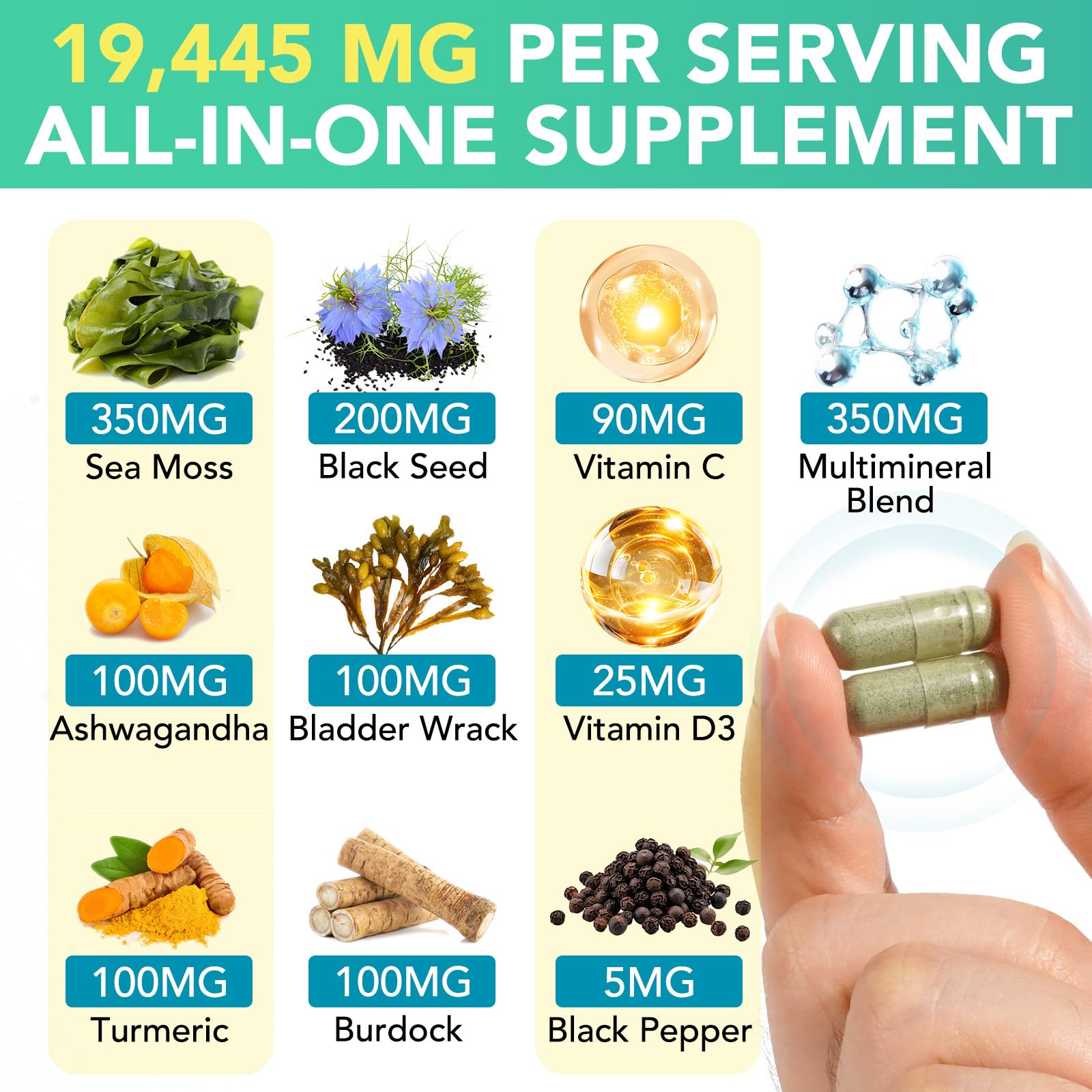 Close-up of Sea Moss Black Seed Oil capsule ingredients