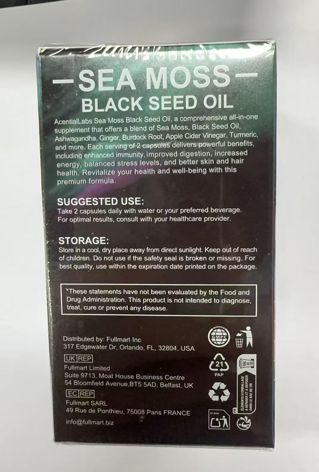 Sea Moss nutrient supplement facts panel close-up