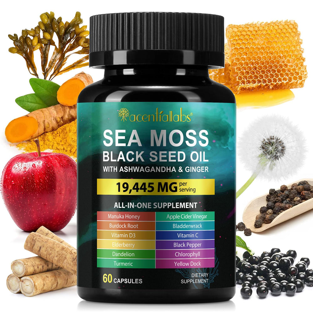 Front view of Sea Moss Black Seed Oil Ashwagandha Turmeric capsules bottle - 60 count