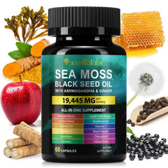 Front view of Sea Moss Black Seed Oil Ashwagandha Turmeric capsules bottle - 60 count
