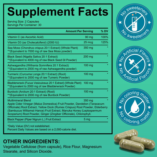 Close-up of Sea Moss Black Seed Oil capsules showing a smooth vegetarian capsule