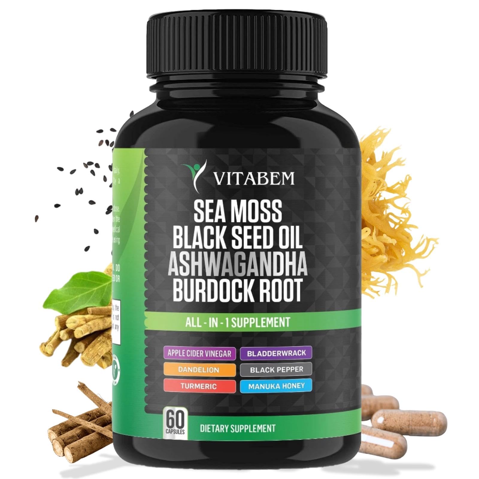 Sea Moss with Black Seed Oil, Ashwagandha, Turmeric and Burdock Root – 60 count bottle