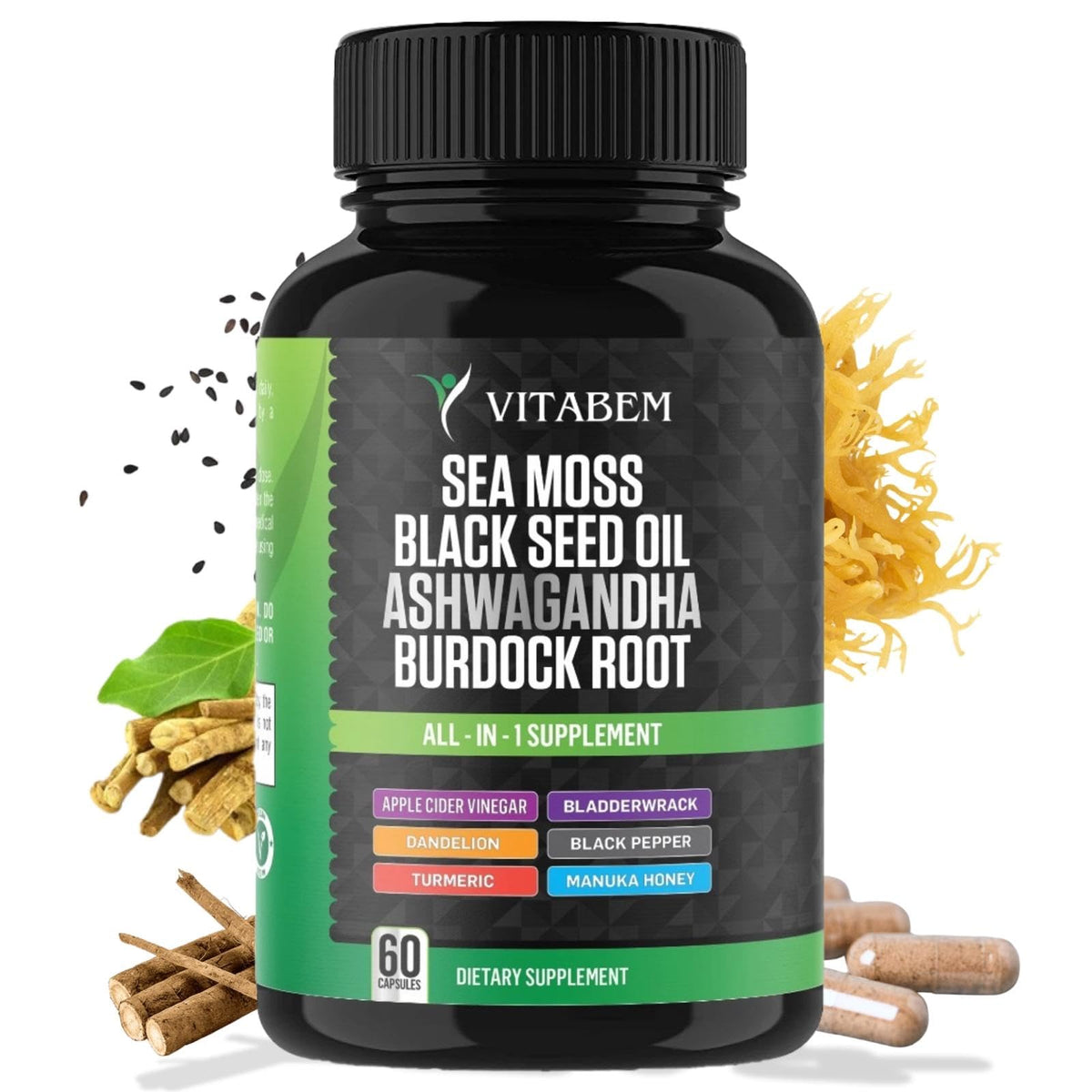 Sea Moss with Black Seed Oil, Ashwagandha, Turmeric and Burdock Root – 60 count bottle