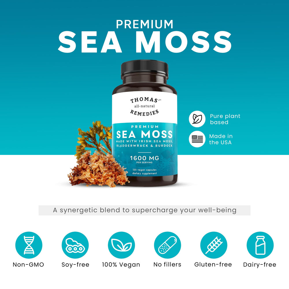 Ingredients panel showing sea moss, bladderwrack, and burdock root