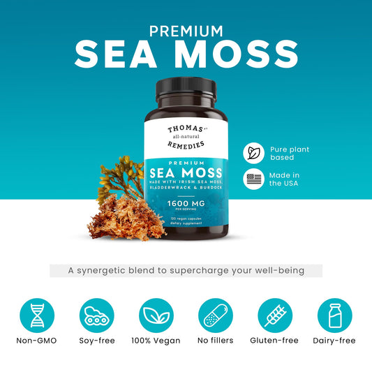 Ingredients panel showing sea moss, bladderwrack, and burdock root