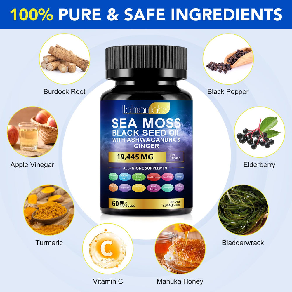 Sea Moss blend ingredients including Bladderwrack, Iodine, and Chlorophyll