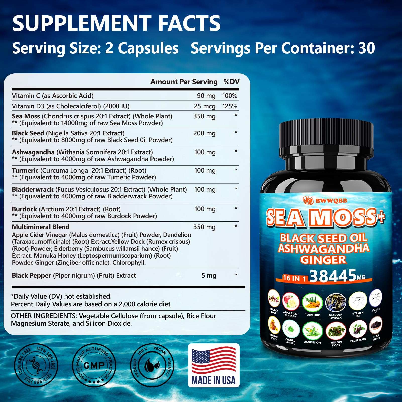Sea Moss Capsules bottle with capsules in view