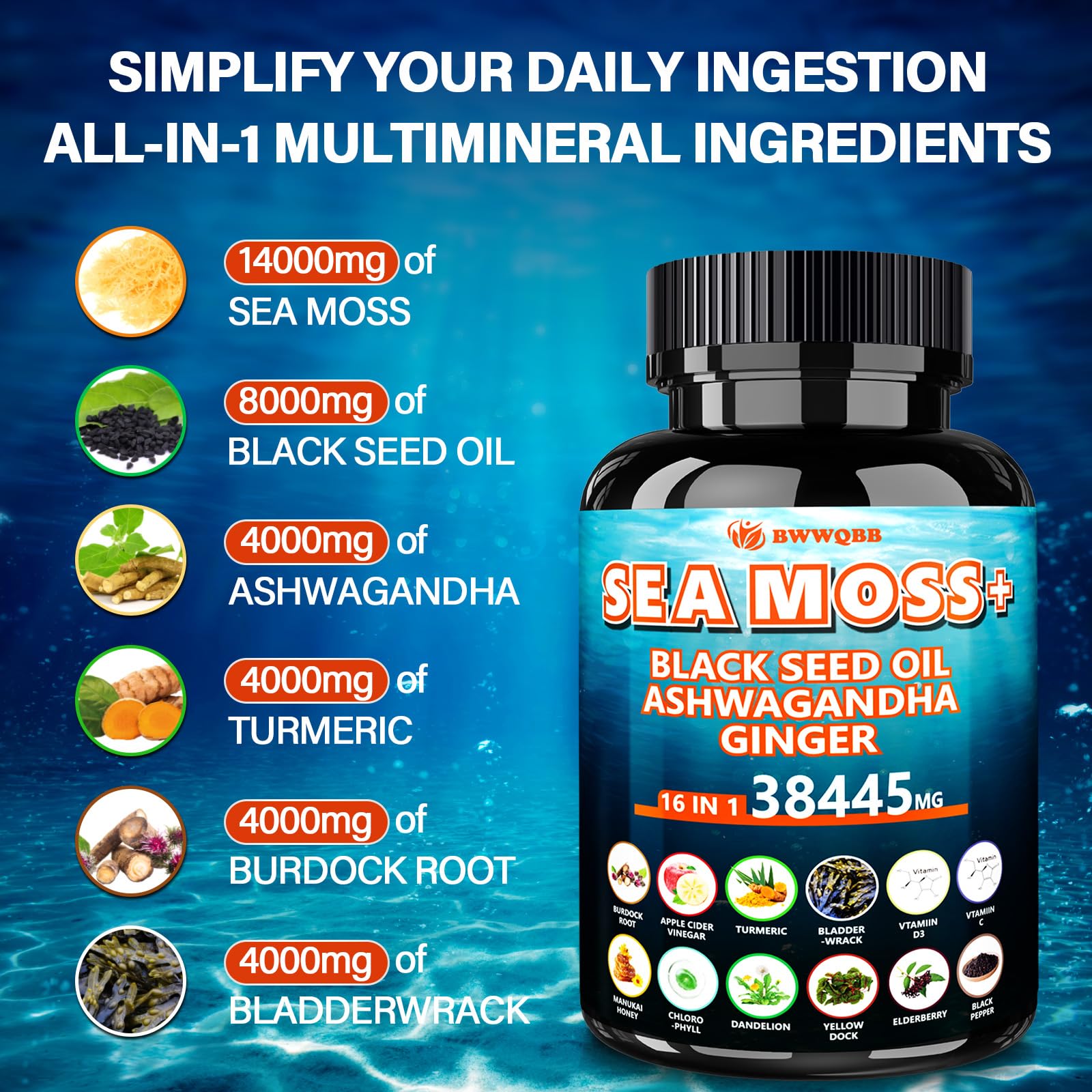 Ingredients: sea moss, black seed oil, ashwagandha, turmeric