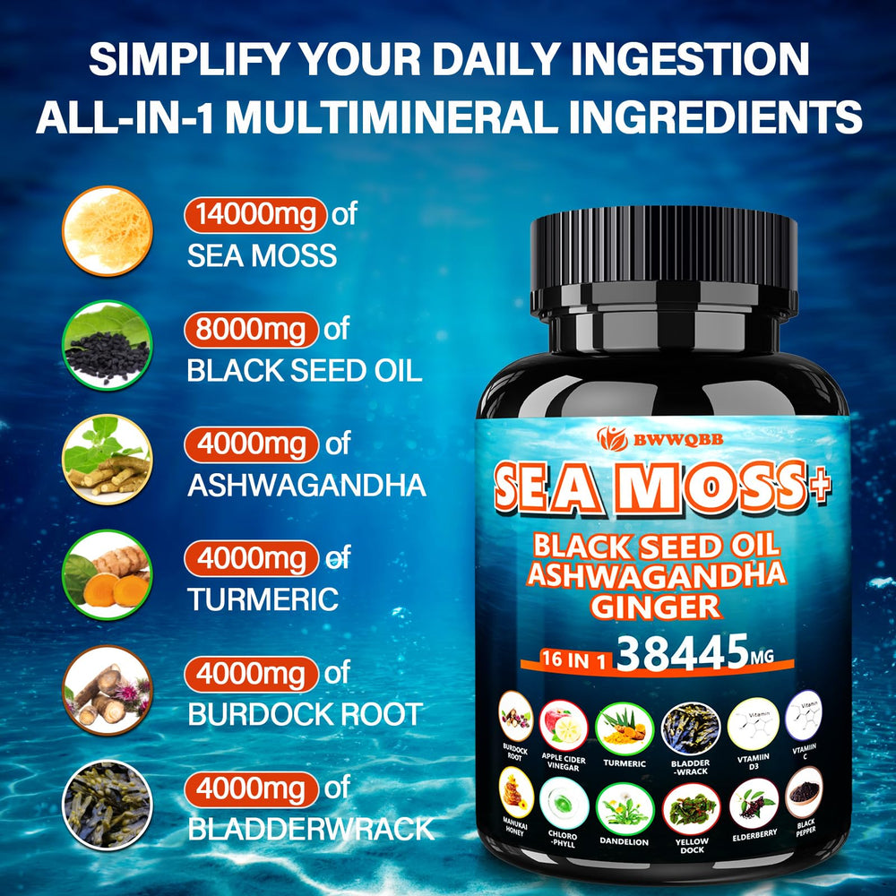 Ingredients: sea moss, black seed oil, ashwagandha, turmeric