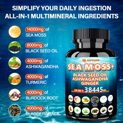 Ingredients: sea moss, black seed oil, ashwagandha, turmeric