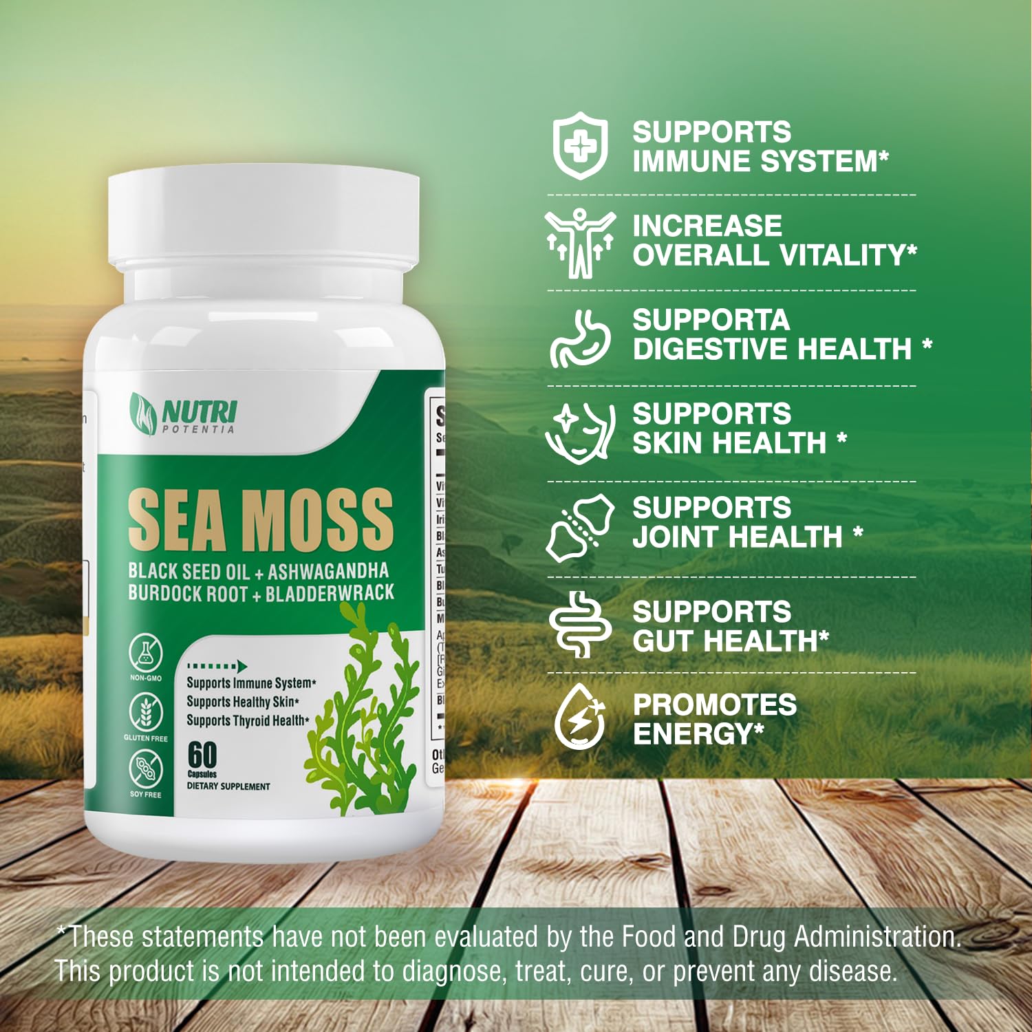 Front view of the Sea Moss capsules bottle