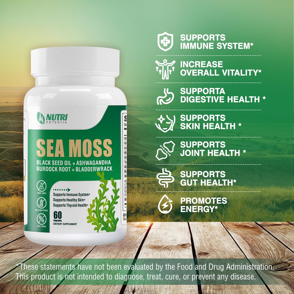 Front view of the Sea Moss capsules bottle