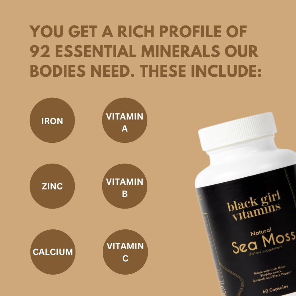 Close-up of sea moss capsules showing 92 minerals