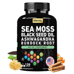 Sea Moss capsules with Ashwagandha, Black Seed Oil, Turmeric and other ingredients in a 120-count bottle