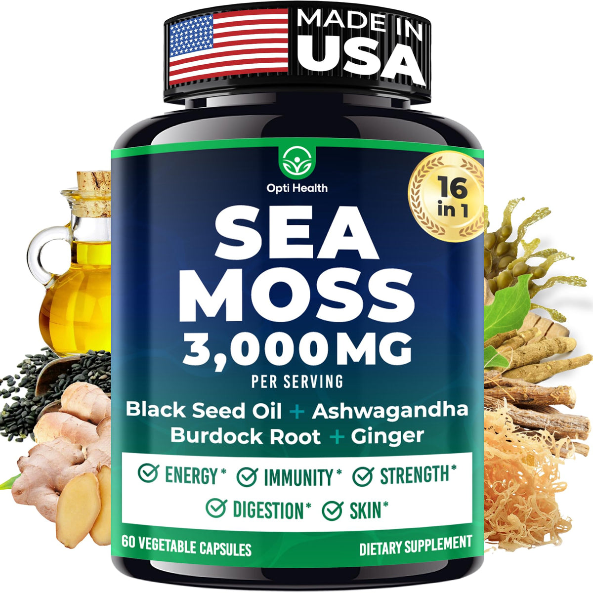 Front view of Sea Moss Capsules bottle