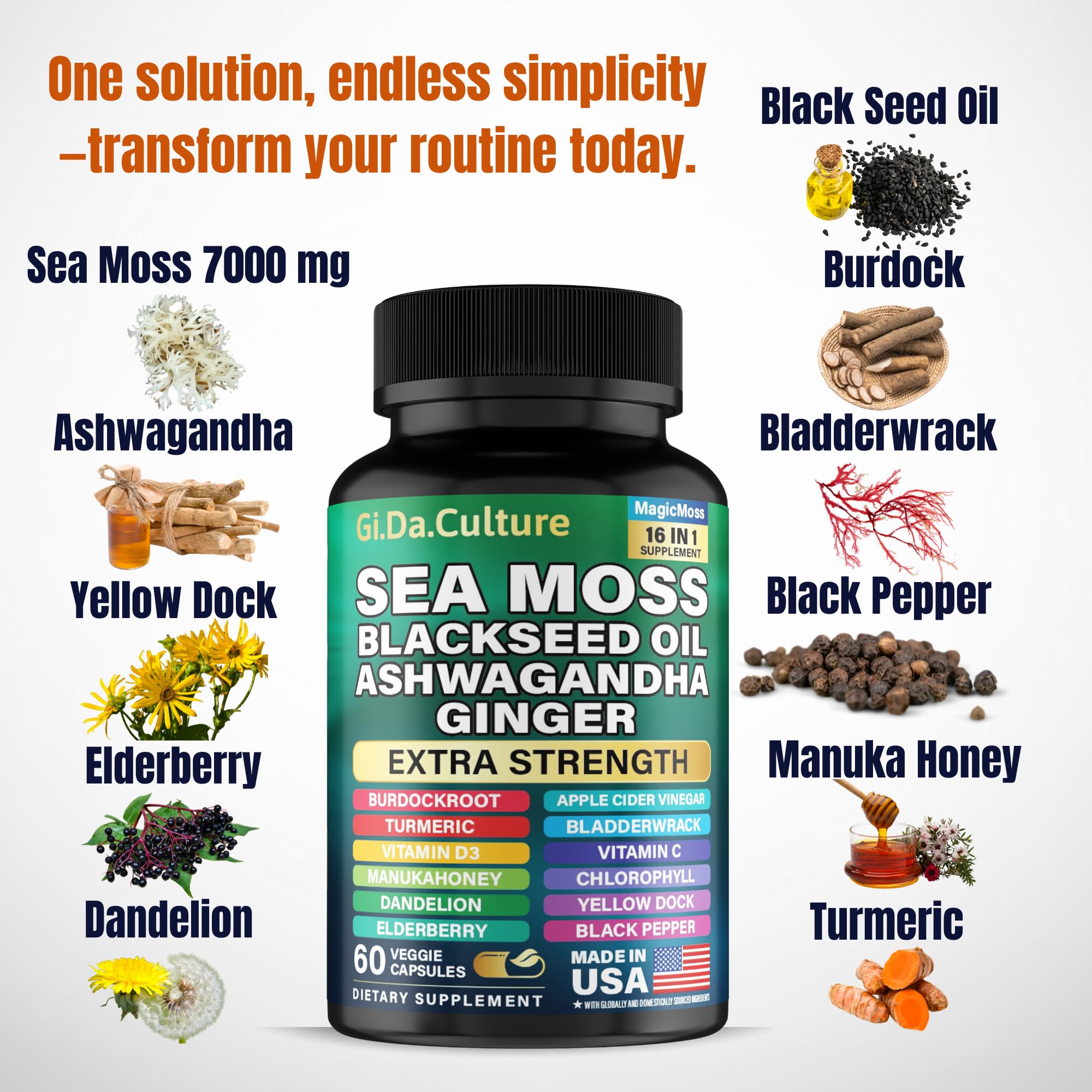 Sea moss capsules featuring ginger, burdock root, and bladderwrack