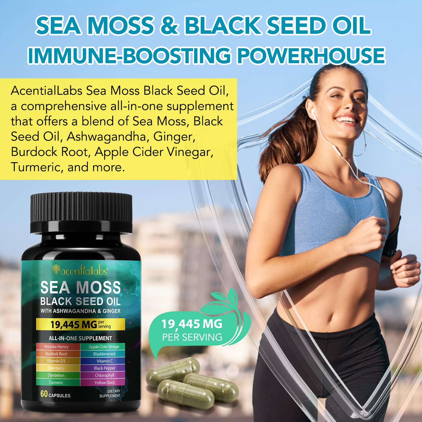 Elderberry, chlorophyll and ginger elements featured in the Sea Moss blend
