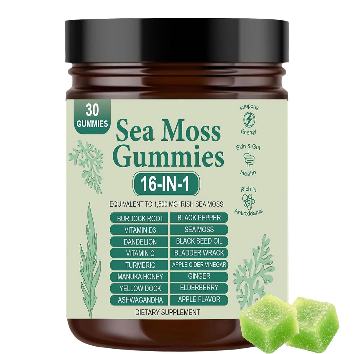 Front view of Sea Moss Gummies 16-in-1 Irish Seamoss 30 Gummies bottle