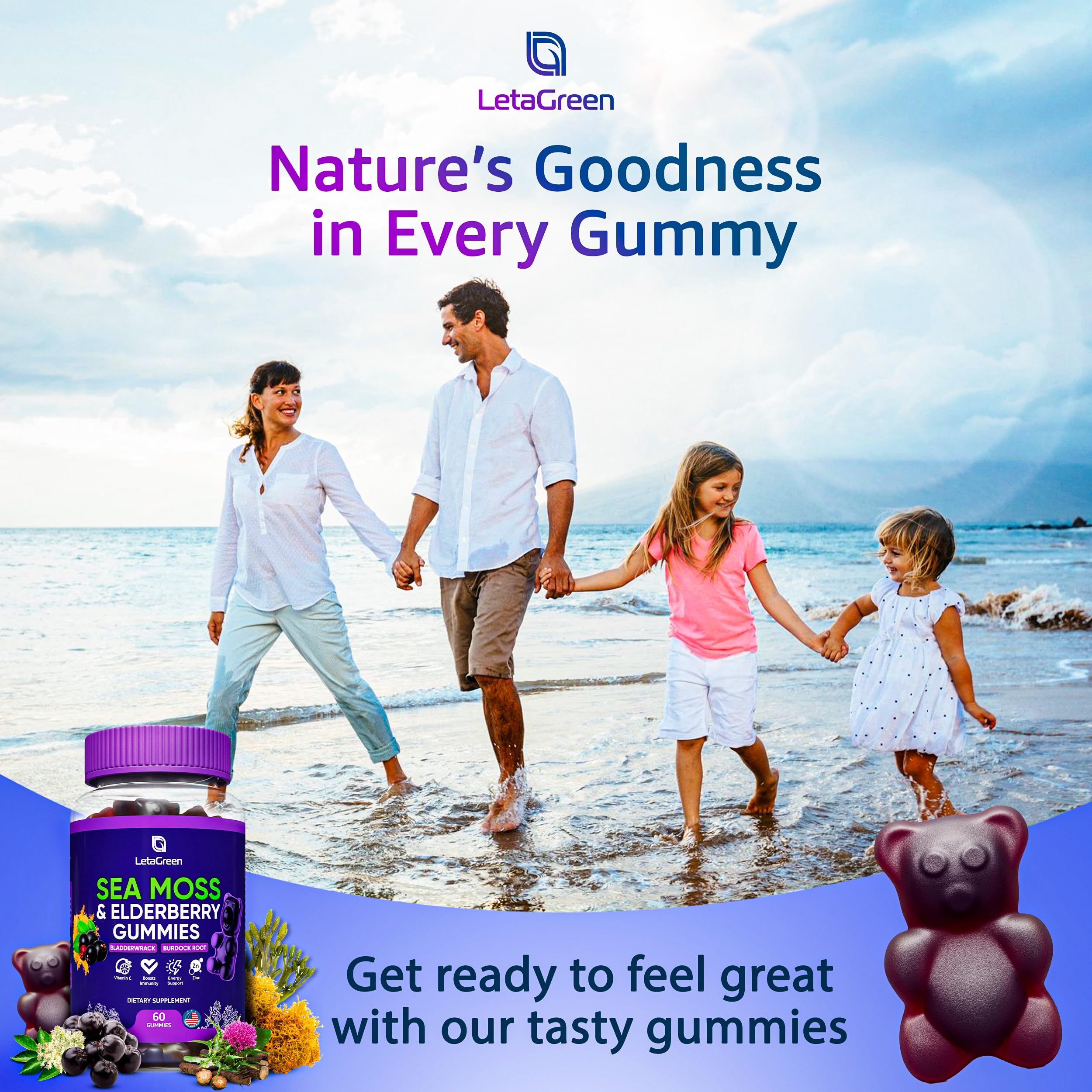 Gummy ingredients: sea moss, elderberry, bladderwrack, burdock