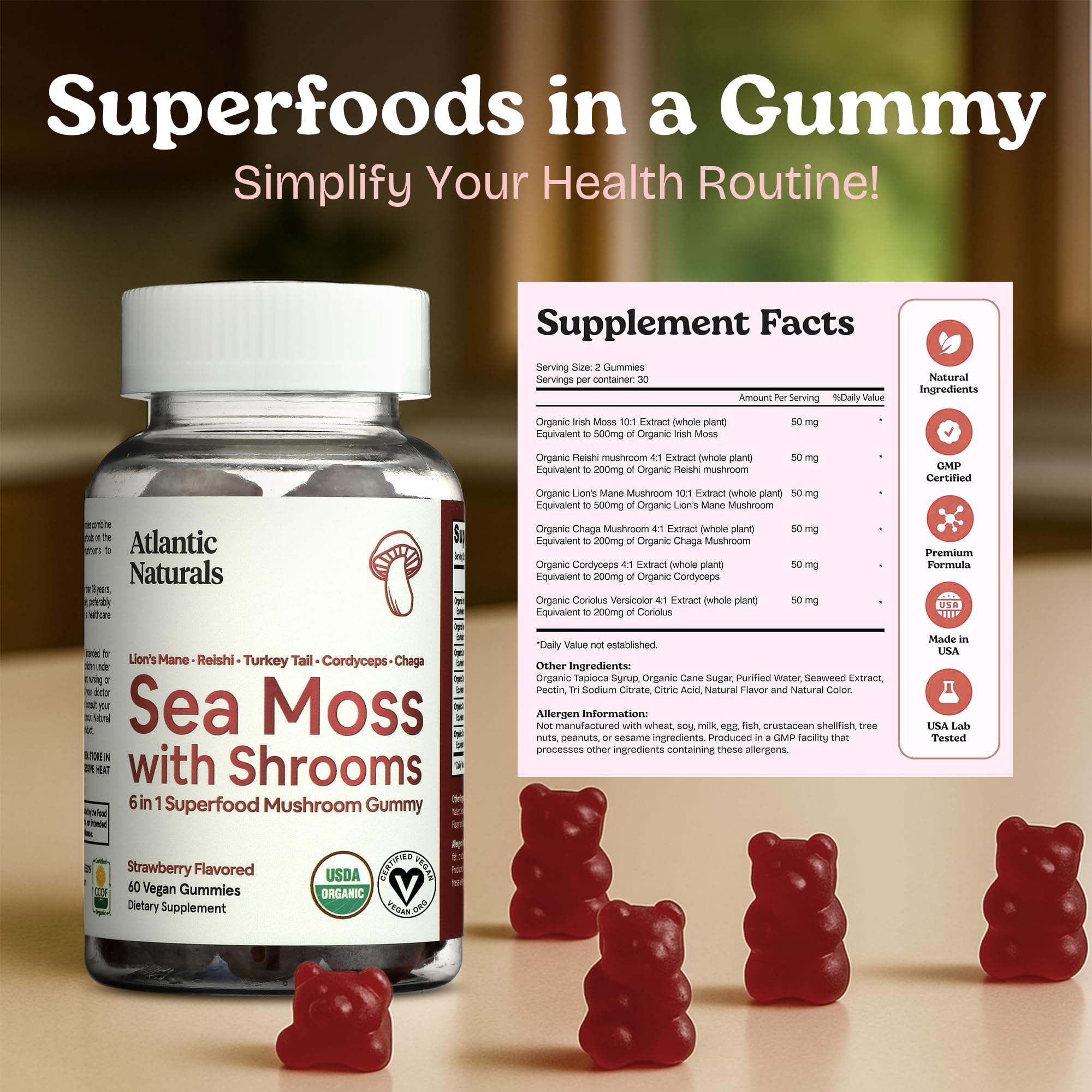 Nutrition panel showing mg per serving for Sea Moss Gummies