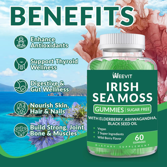Gummy bottle highlighting Irish sea moss, black seed oil, ashwagandha and elderberry