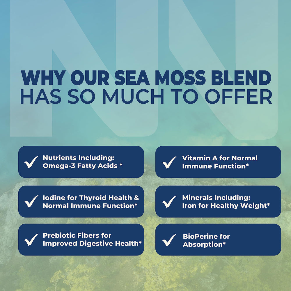 Nutrition label highlighting 1300mg sea moss complex