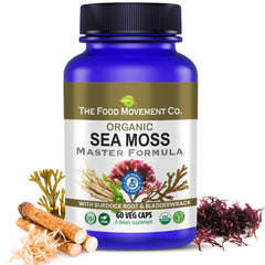 The Food Movement Co Sea Moss Master Formula bottle with Burdock Root and Bladderwrack label
