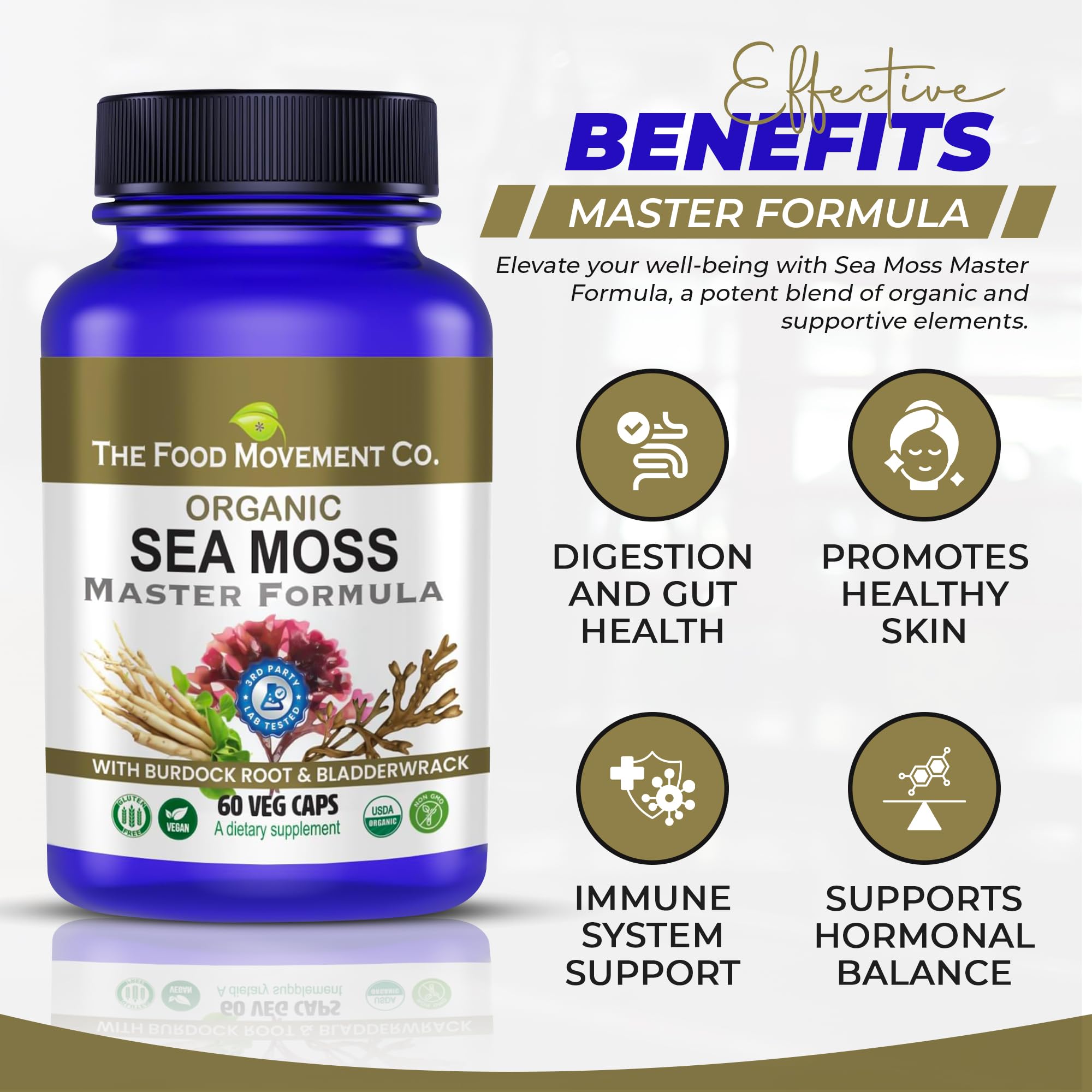 Lab-tested purity seal on Sea Moss Master Formula bottle