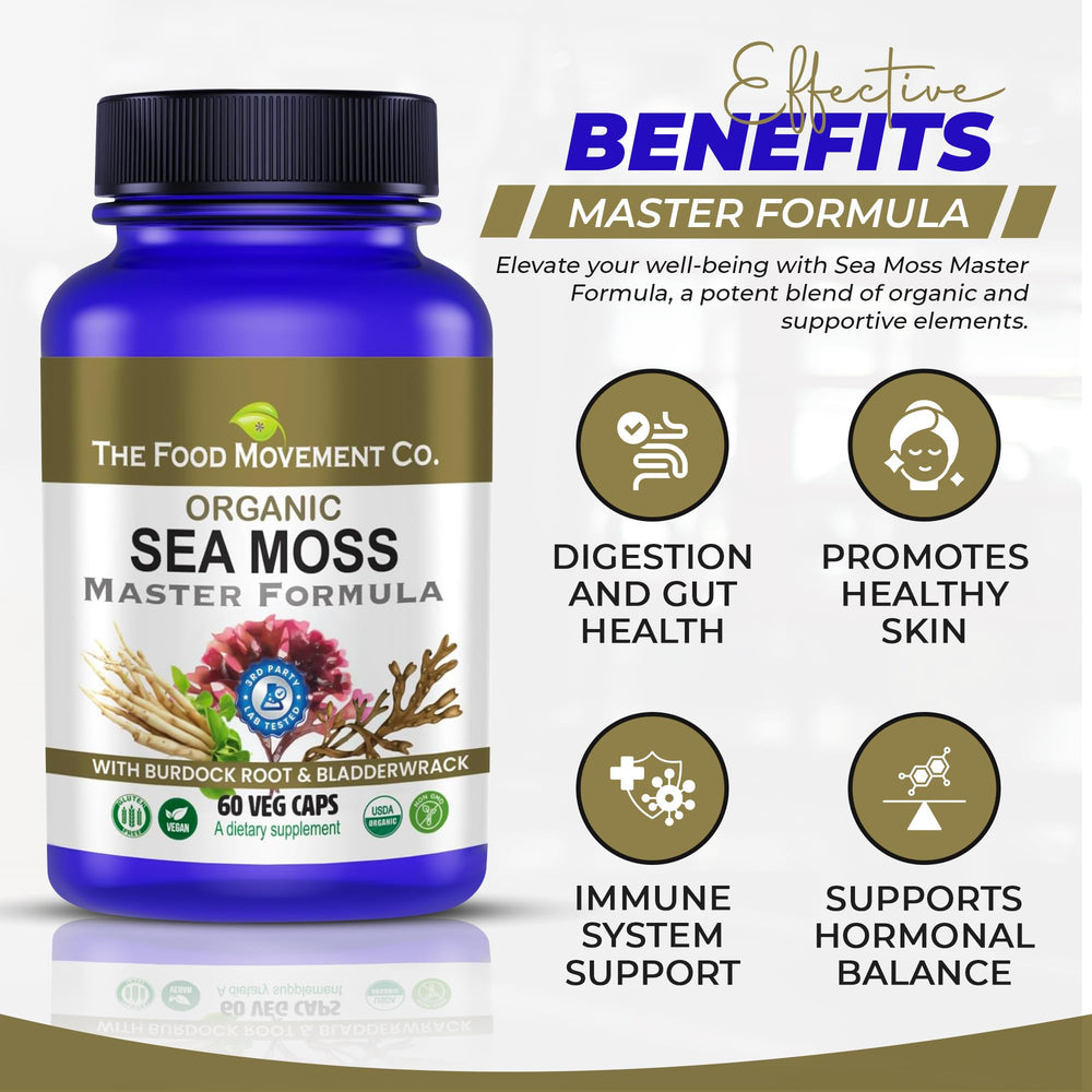 Lab-tested purity seal on Sea Moss Master Formula bottle