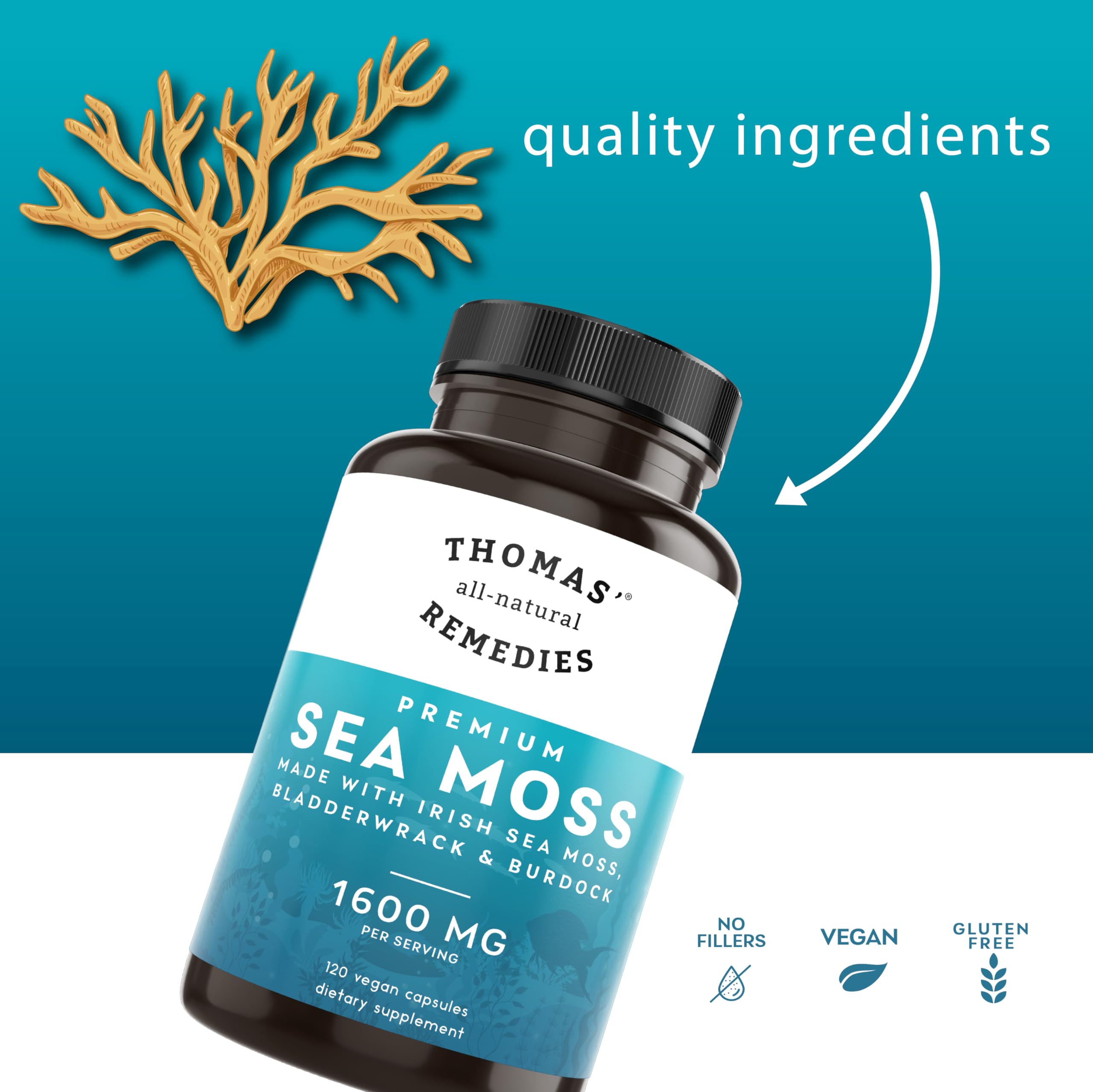 Close-up of sea moss pills in a bottle