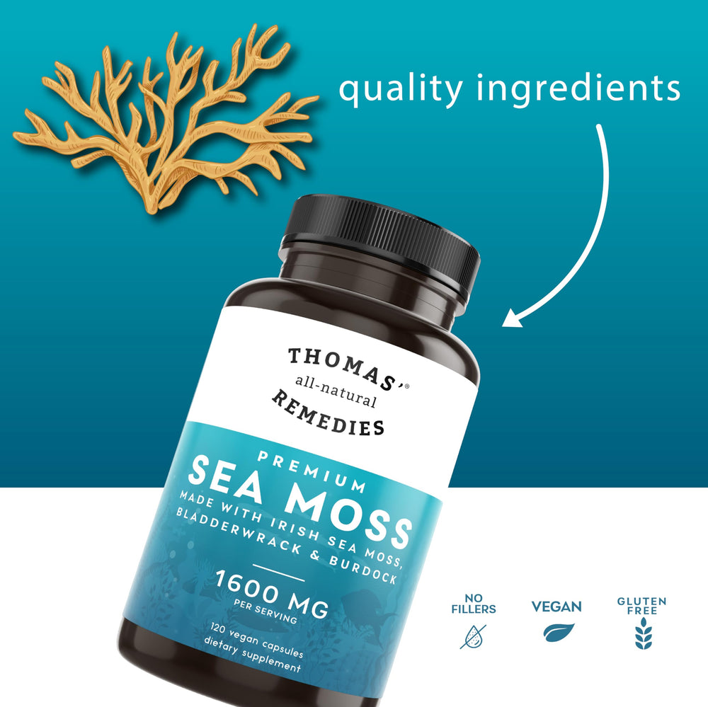 Close-up of sea moss pills in a bottle