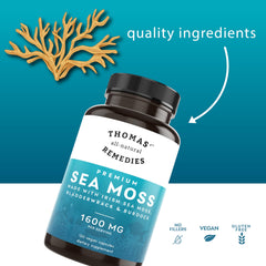 Close-up of sea moss pills in a bottle