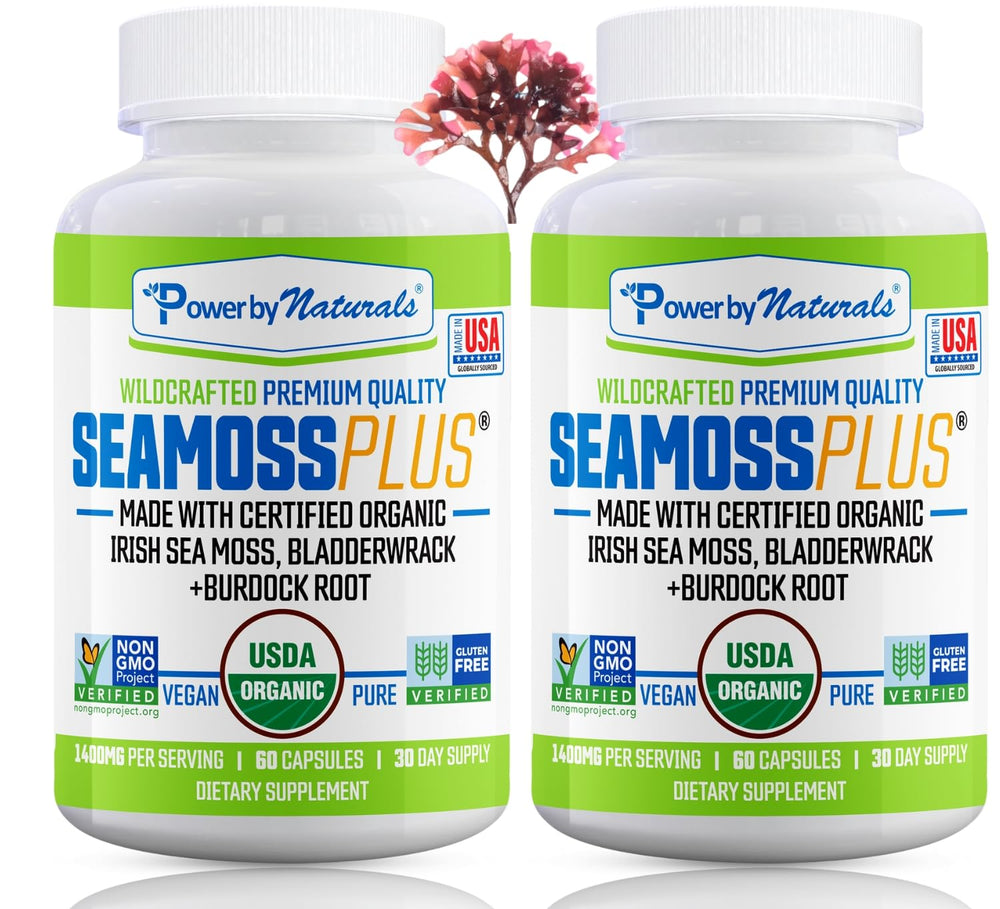 Power By Naturals Sea Moss Plus bottle with USDA organic seal