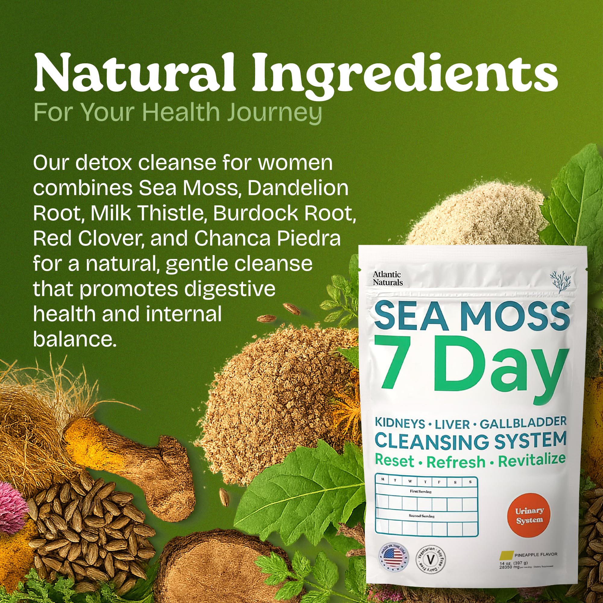 Sea moss powder with botanical ingredients.