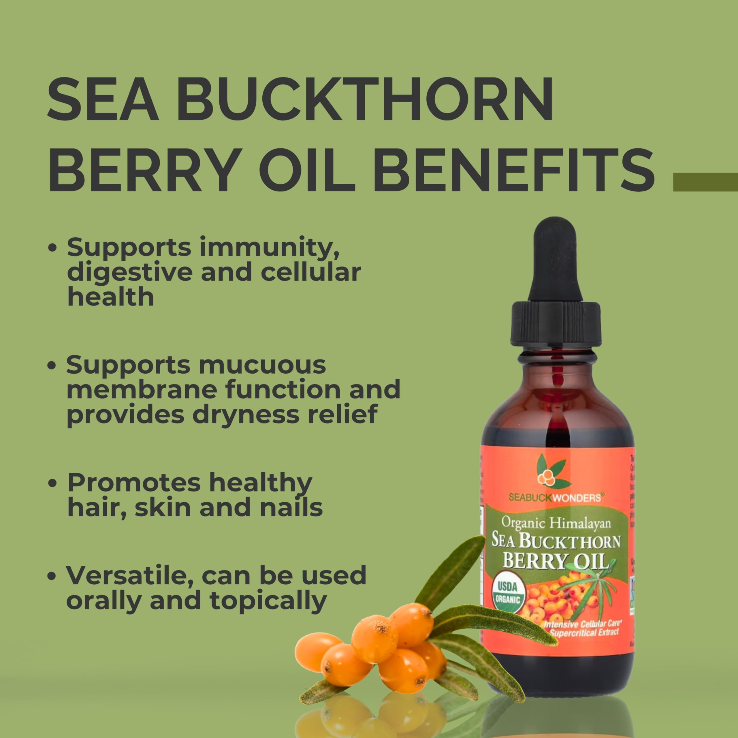 Product packaging and branding of SeabuckWonders Sea Buckthorn Oil
