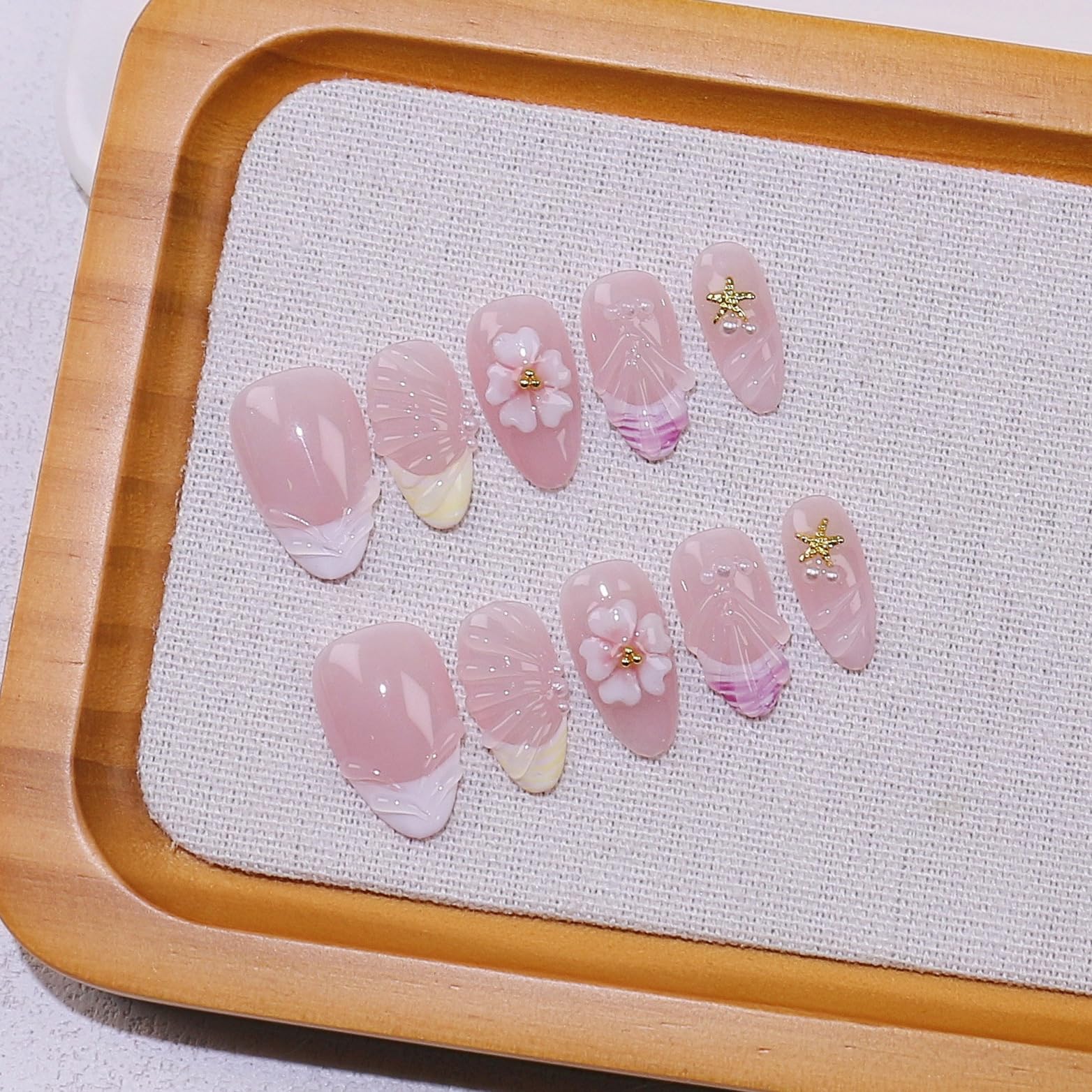 Seafish A02 10-piece press-on nails with 3D flowers for seaside charm