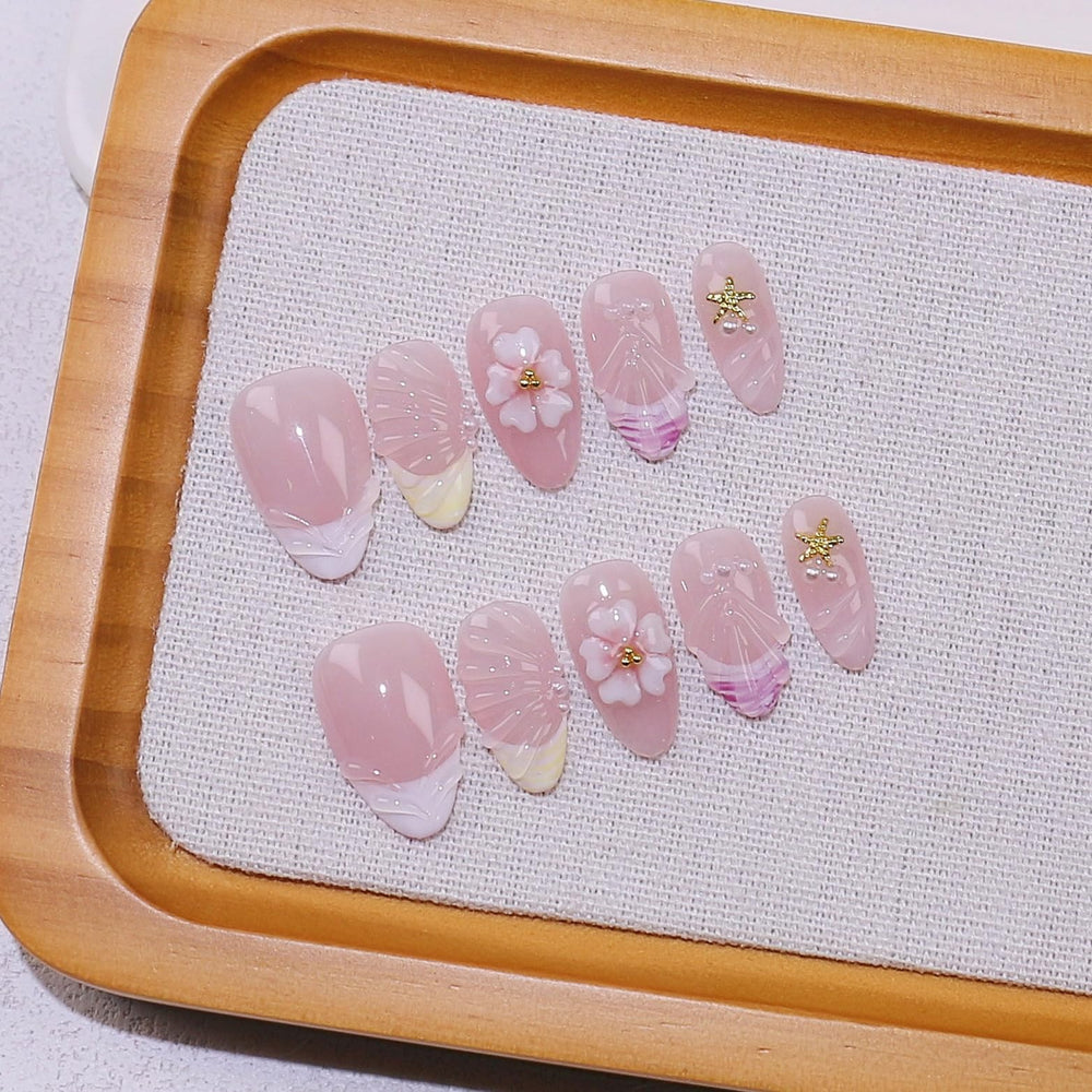 Seafish A02 10-piece press-on nails with 3D flowers for seaside charm