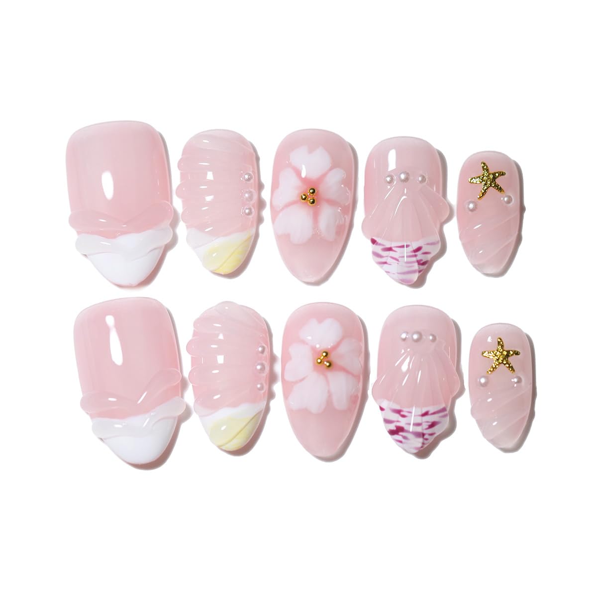 Seafish A02 nails with 3D flowers for a chic coastal look.