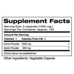 Close-up of Seagate Carrot and Garlic 500mg capsules showing carrot and garlic ingredients