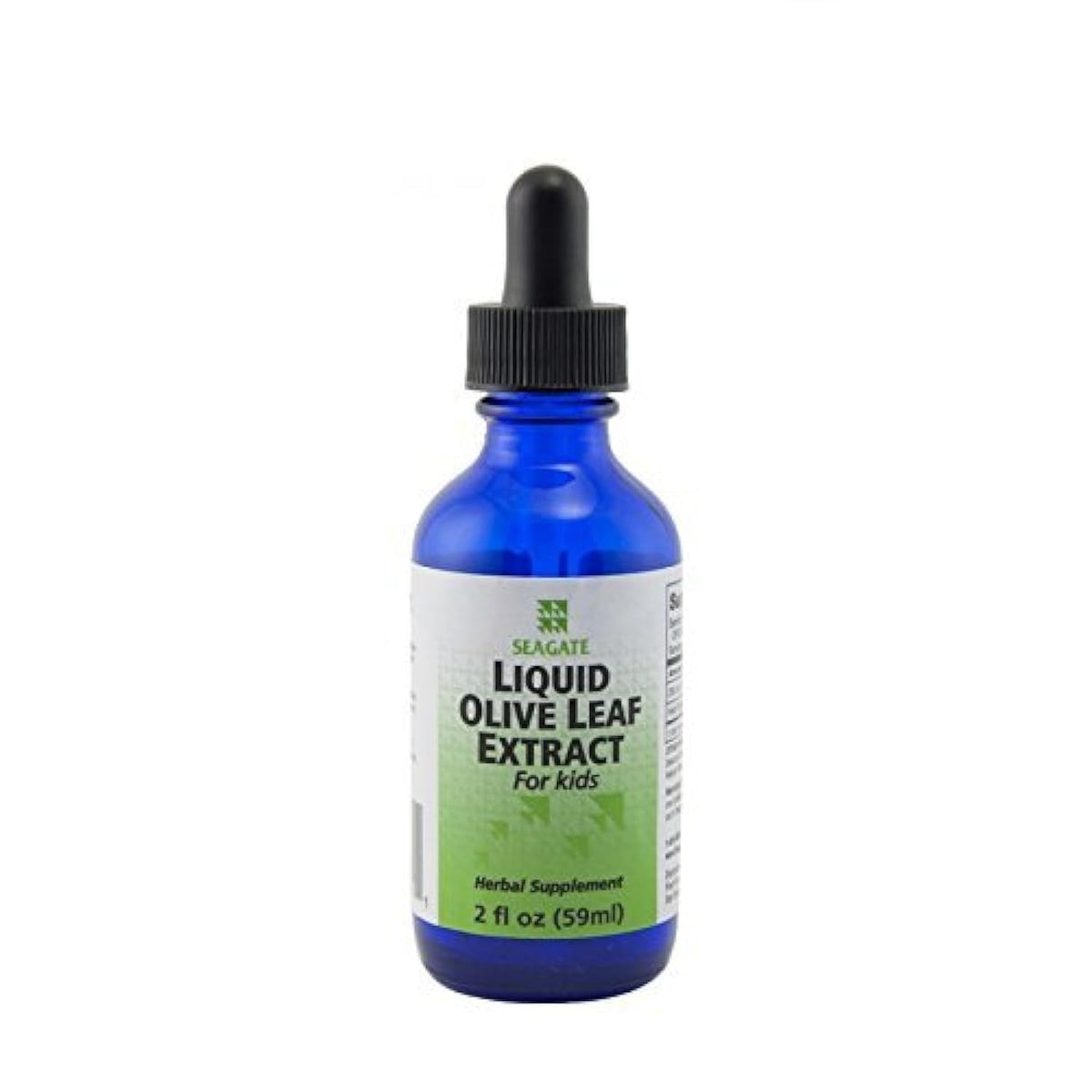 Bottle of Seagate Liquid Olive Leaf Extract for Kids with dropper