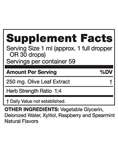 Close-up of the dropper dispensing olive leaf extract with raspberry-spearmint flavor