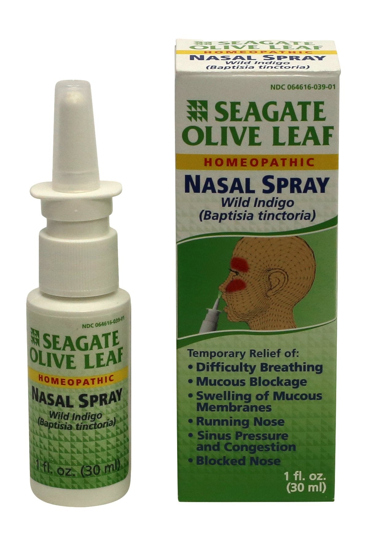 Seagate Olive Leaf Nasal Spray bottle with natural ingredients for temporary sinus relief.