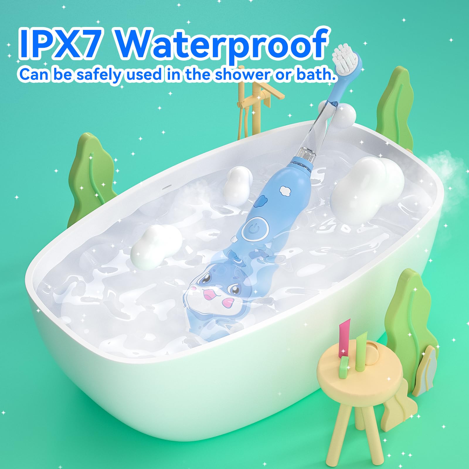IPX7 waterproof seal on SEAGO Navy Blue Kids Electric Toothbrush