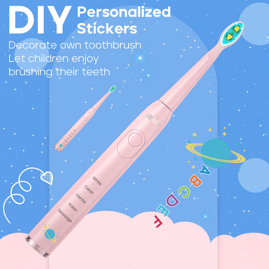 Close-up of two extra soft brush heads for SEAGO kids toothbrush